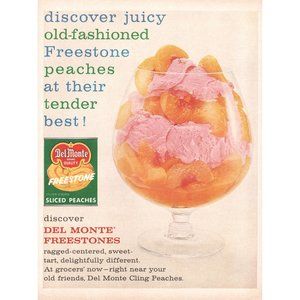 1960 Del Monte Canned Sliced Peaches Vintage Print Ad Sundae Dessert Fruit Art